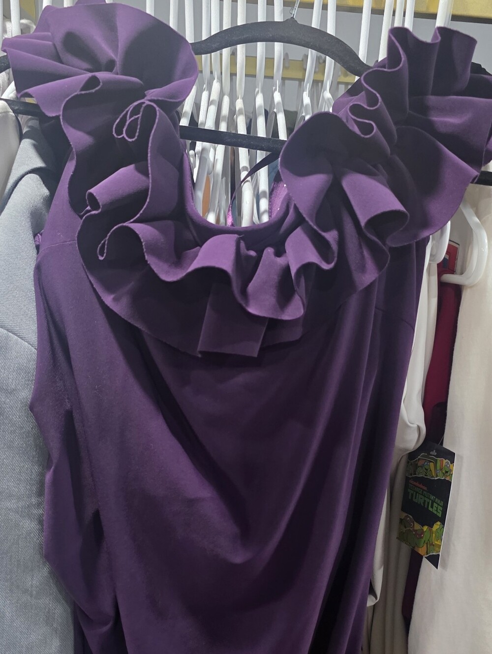Xscape Plus Size Ruffled Off-the-Shoulder Long Sheath Dress - Grape, sz 16 Reg. - Picture 4 of 11